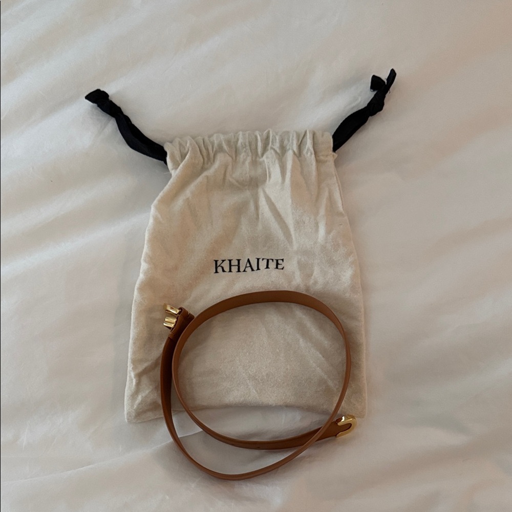 KHAITE Brown Leather Belt with Gold Buckle